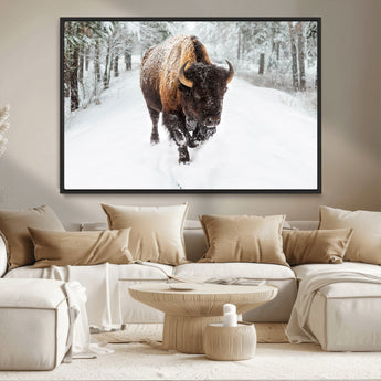 10109-MGV-CV-36X24-Majestic Bison Winter Wall Art – Snowy Forest Buffalo Canvas Print, Rustic Wildlife Photography Decor for Cabin, Lodge, Living