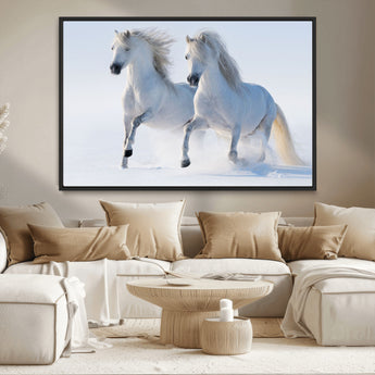 80145-MGV-CV-36X24-White Horses Running Snow Wall Art – Majestic Equine Canvas Print, Winter Nature Photography Decor for Living Room, Office,
