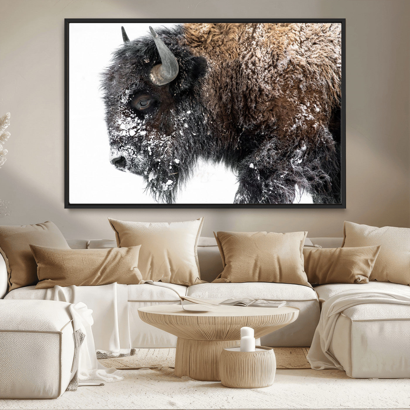 24304-MGV-CV-36X24-Bison Wall Art Canvas Print, Framed Winter Bison Art Picture Print, Snowy Buffalo Perfect Rustic Farmhouse Decor Artwork