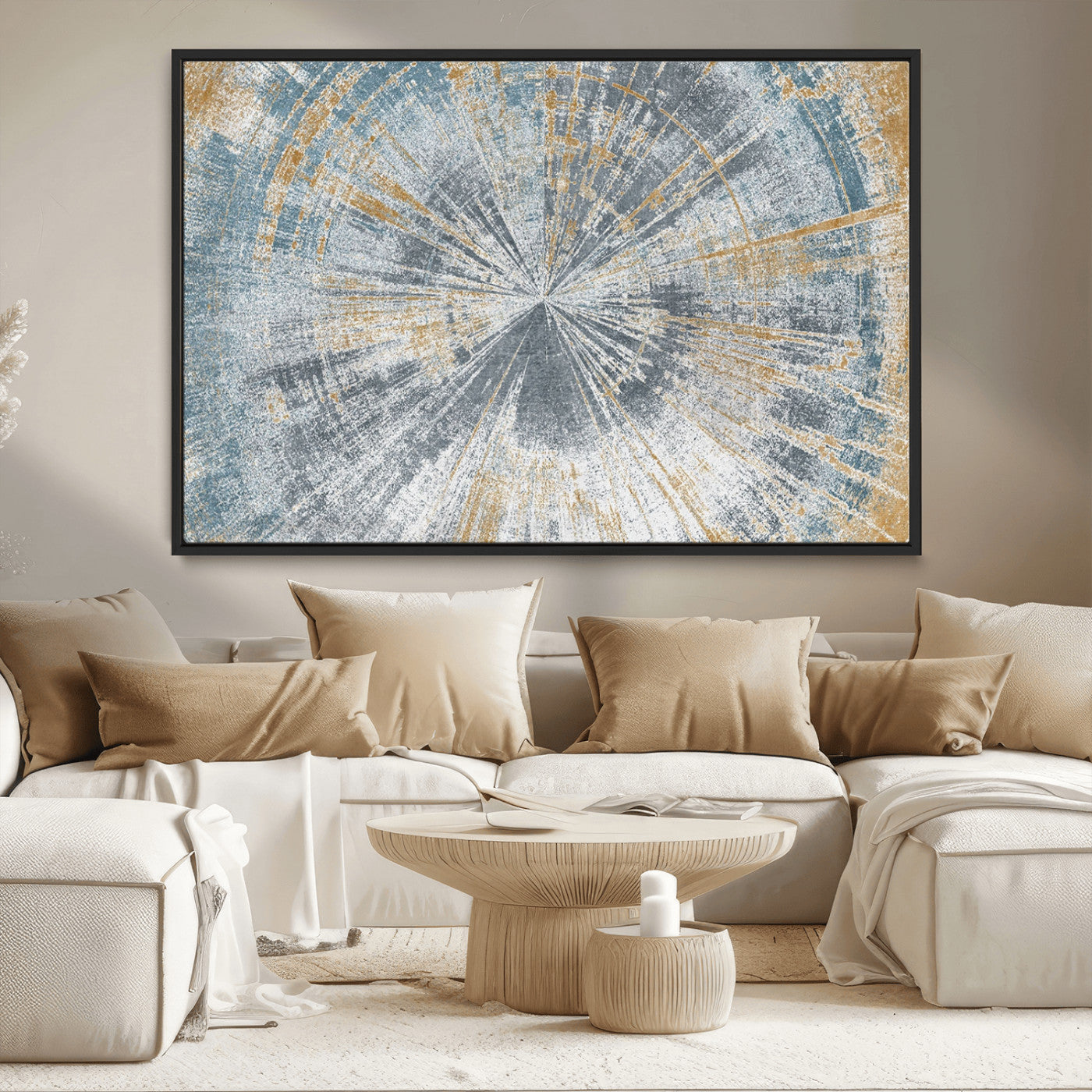 17631-MGV-CV-36X24-Radiant Burst Wall Art – Abstract Sunburst Canvas Print in Blue and Gold, Modern Geometric Painting for Living Room, Office or