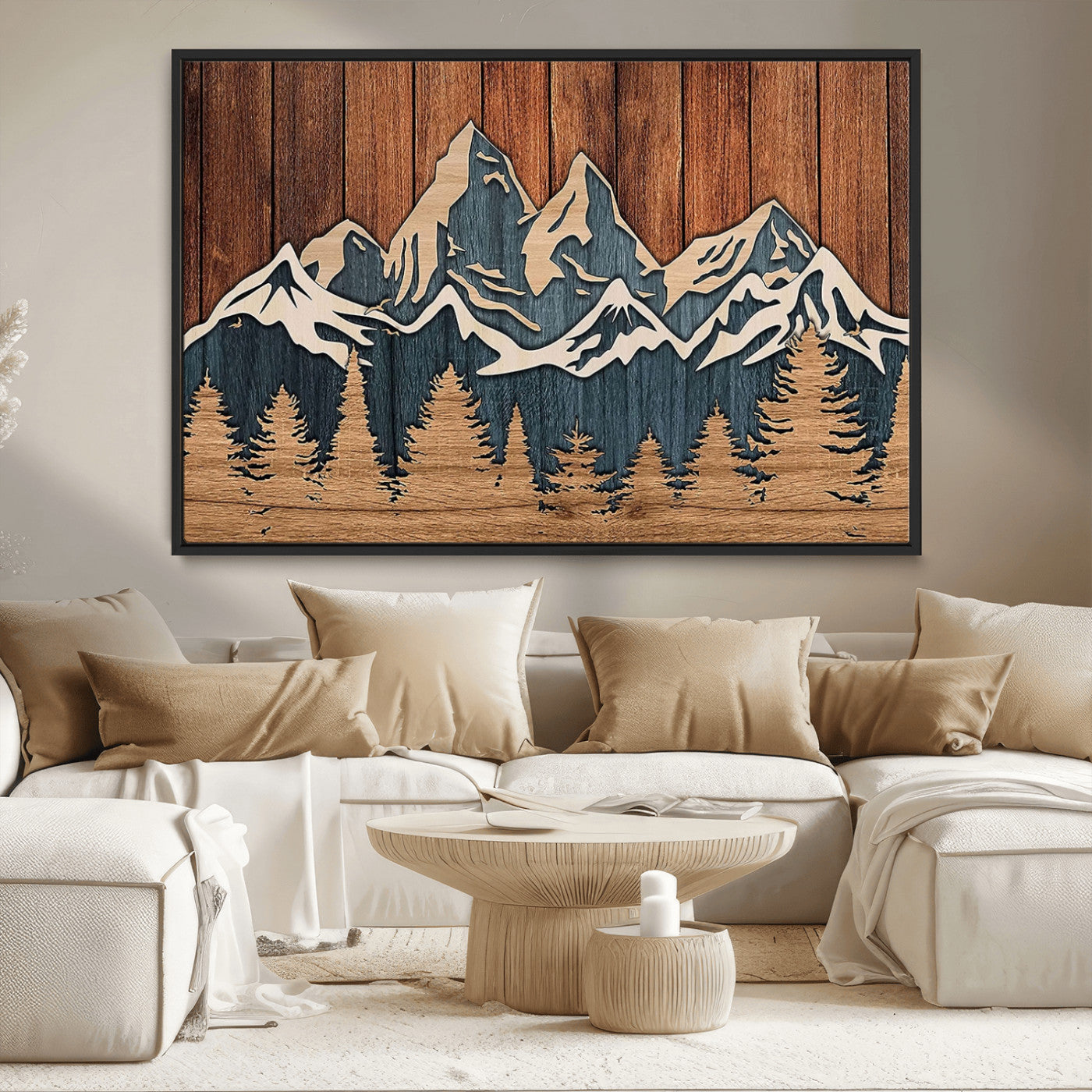 41330-MGV-CV-36X24-Rustic Mountain Wall Art – Wooden Nature Scene with Trees and Peaks, Handmade 3D Layered Decor for Living Room, Cabin or Office