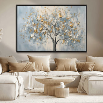 65811-MGV-CV-36X24-Abstract Tree Wall Art – Textured Canvas Painting with Gold and White Leaves, Modern Nature Inspired Decor for Living Room or