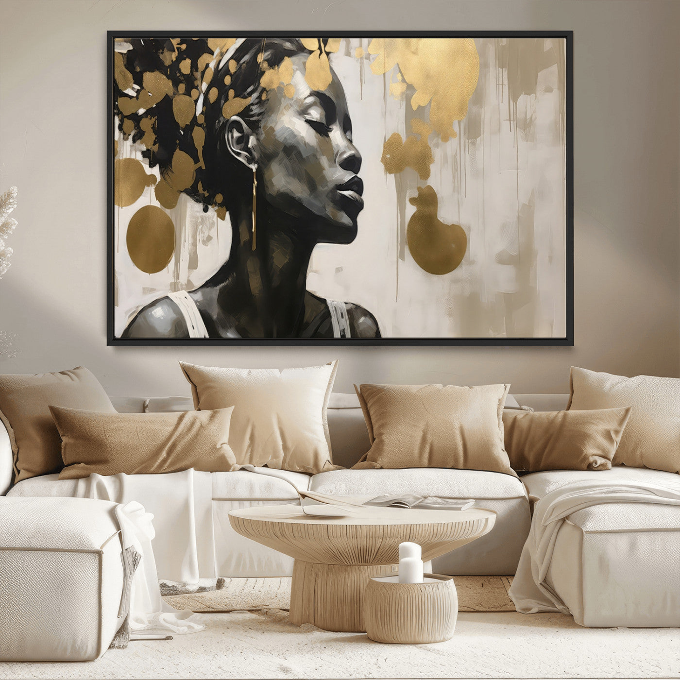 65669-MGV-CV-36X24-Elegant Black Woman Wall Art – Modern Abstract Portrait Canvas with Gold Accents, Contemporary Afrocentric Decor for Living Room