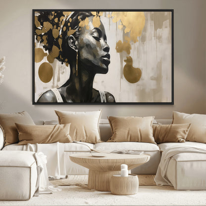 65669-MGV-CV-36X24-Elegant Black Woman Wall Art – Modern Abstract Portrait Canvas with Gold Accents, Contemporary Afrocentric Decor for Living Room
