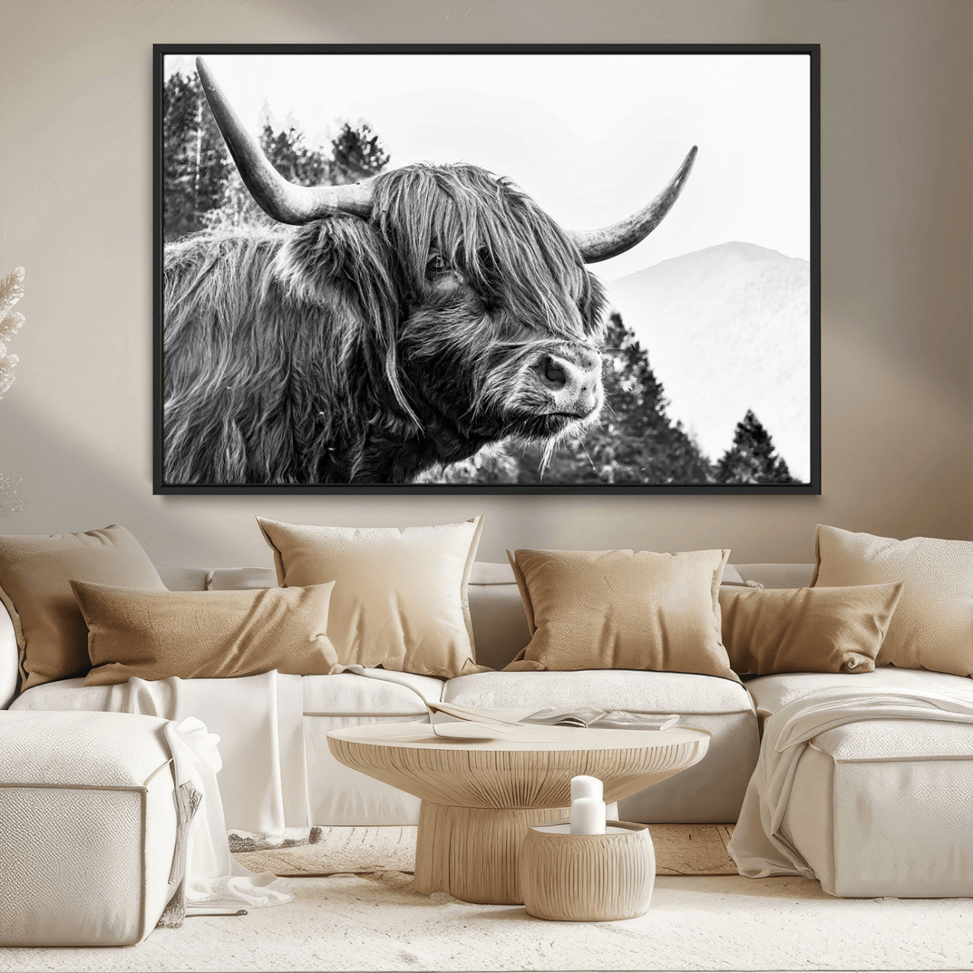 61570-MGV-CV-36X24-Highland Cow Wall Art – Black and White Scottish Bull Canvas Print, Rustic Farmhouse Animal Decor for Living Room, Bedroom, or