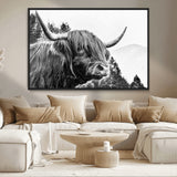 61570-MGV-CV-36X24-Highland Cow Wall Art – Black and White Scottish Bull Canvas Print, Rustic Farmhouse Animal Decor for Living Room, Bedroom, or