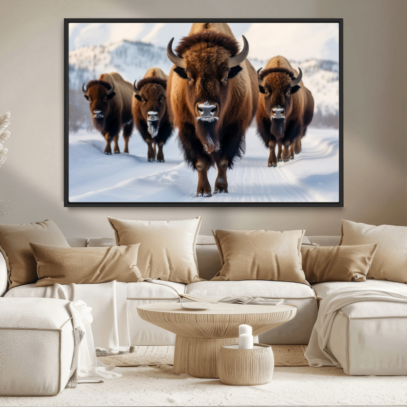 56701-MGV-CV-36X24-Bison Herd Wall Art – Buffalo Walking in Snowy Mountains Canvas Print, Rustic Wildlife Decor for Cabin, Lodge, or Living Room