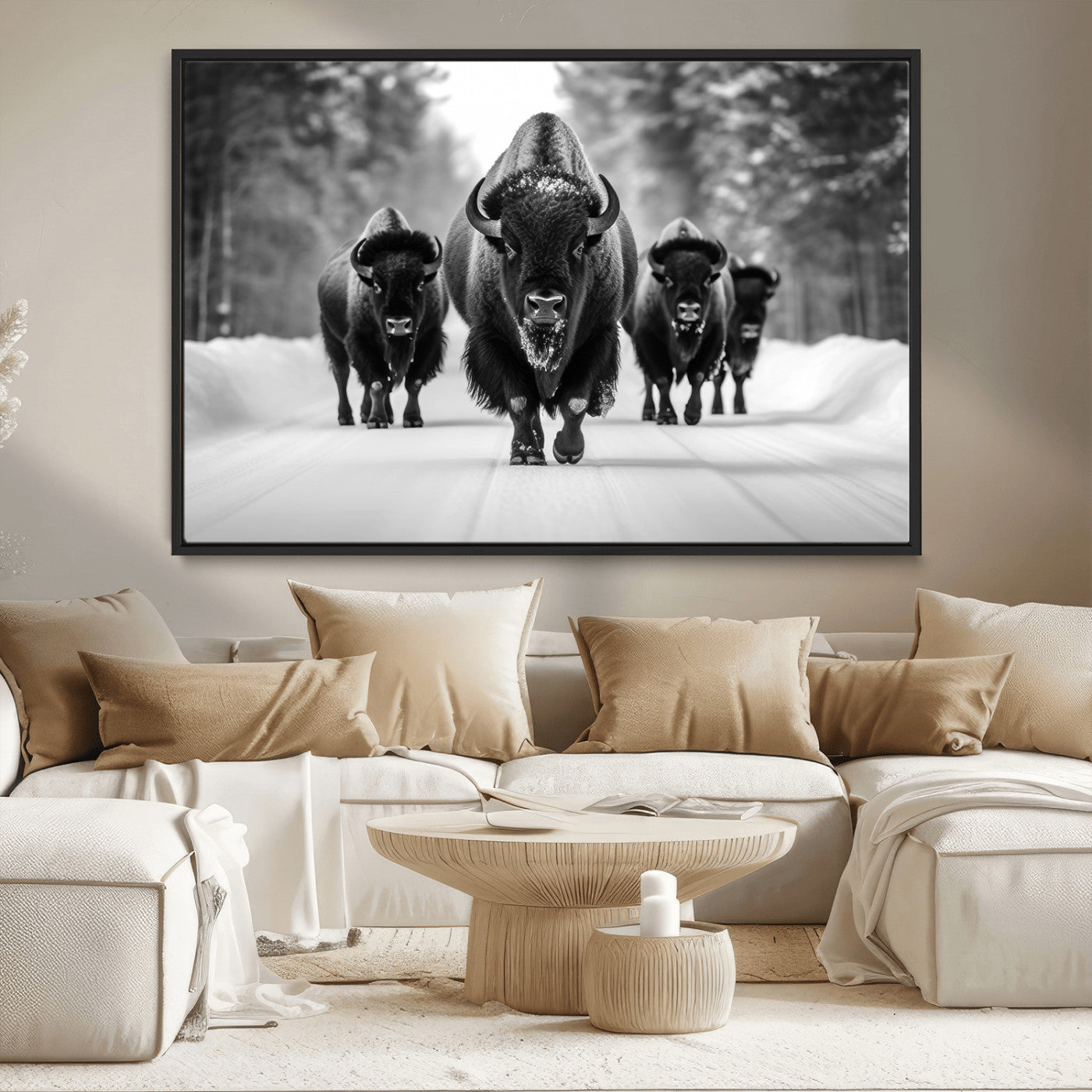 45287-MGV-CV-36X24-Bison Herd Wall Art – Black and White Buffalo Snow Road Canvas Print, Rustic Wildlife Decor for Cabin, Lodge or Living Room