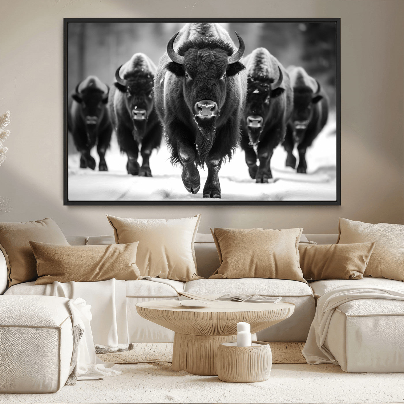 79872-MGV-CV-36X24-Bison Herd Wall Art – Black and White Buffalo on Snow Canvas Print, Rustic Wildlife Decor for Lodge, Cabin, or Living Room