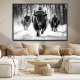 97552-MGV-CV-36X24-Black and White Bison Wall Art – Buffalo Herd Running in Snow Canvas Print, Rustic Wildlife Photography Decor for Cabin, Lodge, or