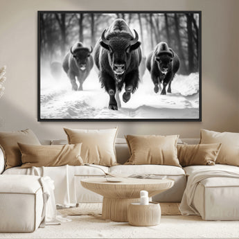 97552-MGV-CV-36X24-Black and White Bison Wall Art – Buffalo Herd Running in Snow Canvas Print, Rustic Wildlife Photography Decor for Cabin, Lodge, or