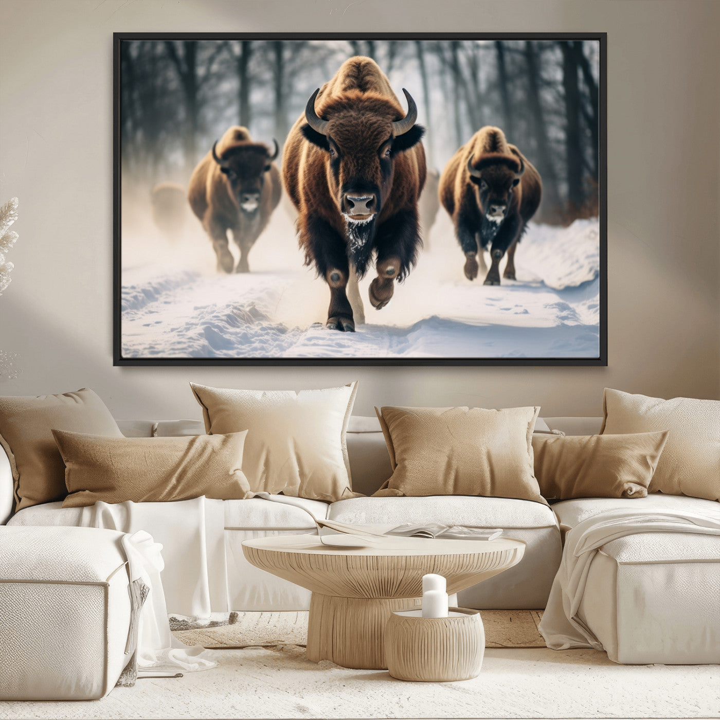 56549-MGV-CV-36X24-Wild Bison Wall Art – Majestic Buffalo Herd Running in Snow Canvas Print, Rustic Wildlife Photography Decor for Cabin, Lodge, or