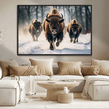56549-MGV-CV-36X24-Wild Bison Wall Art – Majestic Buffalo Herd Running in Snow Canvas Print, Rustic Wildlife Photography Decor for Cabin, Lodge, or