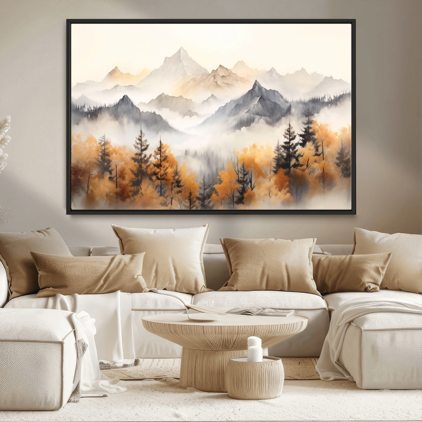 70049-MGV-CV-36X24-Autumn Mountain Forest Wall Art – Misty Landscape Canvas Print, Rustic Nature Inspired Decor for Living Room, Bedroom or Office