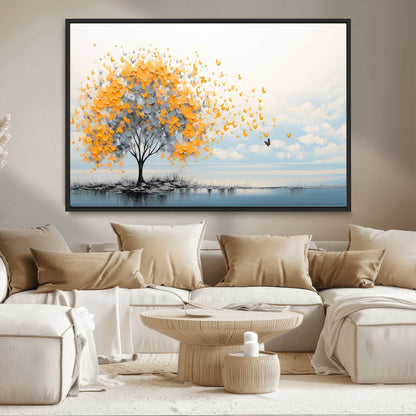 23385-MGV-CV-36X24-Golden Butterfly Tree Wall Art – Abstract Yellow and Gray Canvas Print, Modern Nature Artwork for Living Room, Bedroom or Office