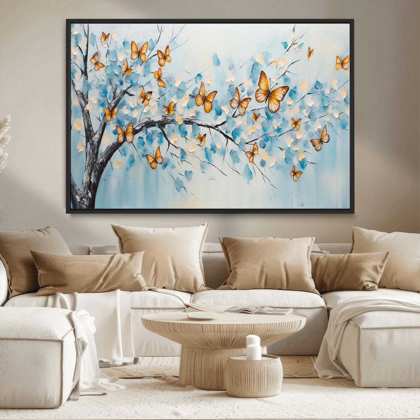 59455-MGV-CV-36X24-Butterfly Tree Branch Wall Art – Blue and Yellow Abstract Canvas Print, Modern Nature Artwork for Living Room, Bedroom or Office
