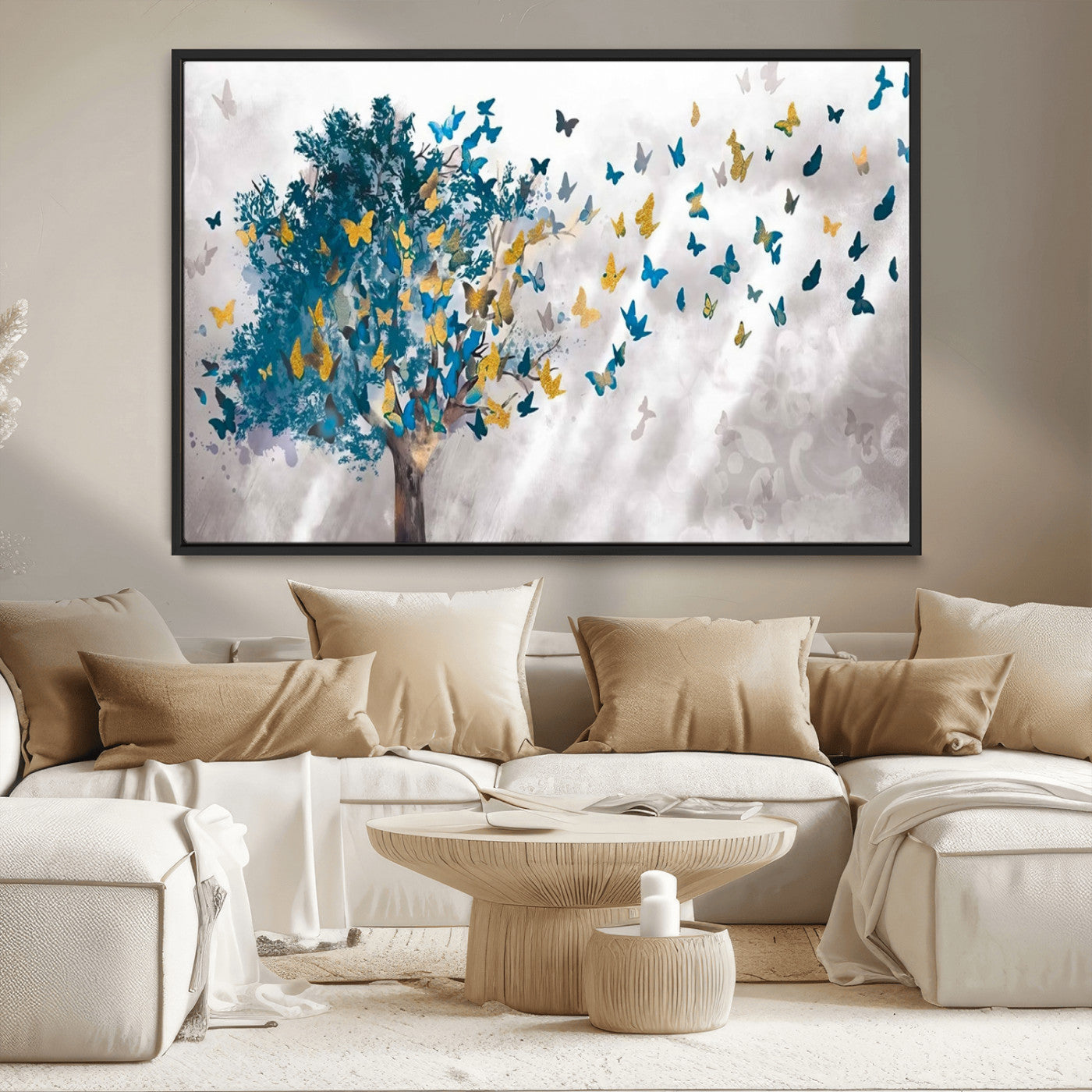 37564-MGV-CV-36X24-Butterfly Tree Wall Art – Modern Nature Canvas Print with Blue and Golden Butterflies, Elegant Decorative Painting for Living Room