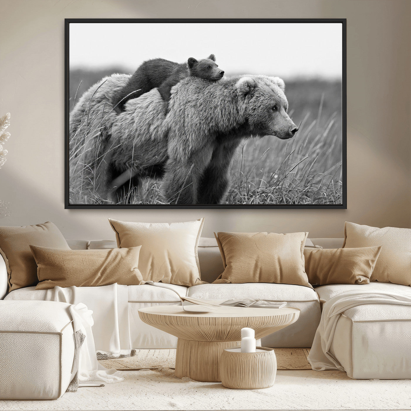 76338-MGV-CV-36X24-Mother Bear and Cub Wall Art – Black and White Wildlife Canvas Print, Rustic Nature Photography for Cabin, Living Room or Office