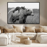 76338-MGV-CV-36X24-Mother Bear and Cub Wall Art – Black and White Wildlife Canvas Print, Rustic Nature Photography for Cabin, Living Room or Office