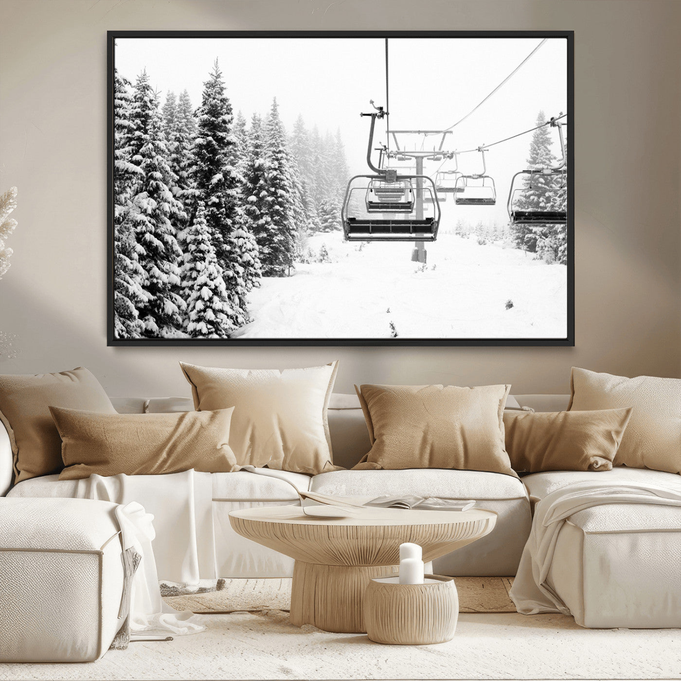 70609-MGV-FC-36X24_Black-Snowy Ski Lift Wall Art – Black and White Winter Mountain Landscape Canvas Print, Rustic Lodge Decor for Cabin, Living Room or