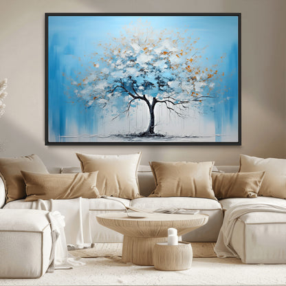 25021-MGV-CV-36X24-Abstract Tree Wall Art – Blue and White Canvas Painting with Gold Accents, Modern Nature-Inspired Artwork for Living Room, Bedroom
