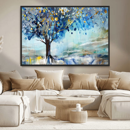 17018-MGV-CV-36X24-Abstract Blue Tree Wall Art – Colorful Canvas Painting with Gold and Silver Accents, Modern Nature Artwork for Living Room,