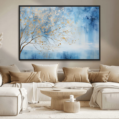 23891-MGV-CV-36X24-Abstract Tree Wall Art – Minimalist Blue and Gold Canvas Painting, Elegant Nature-Inspired Artwork for Living Room, Bedroom or