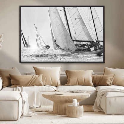 Boat-1-MGV-CV-36X24-Sailboat Racing Wall Art – Nautical Black and White Canvas Print, Ocean Adventure Decor for Office, Living Room or Bedroom