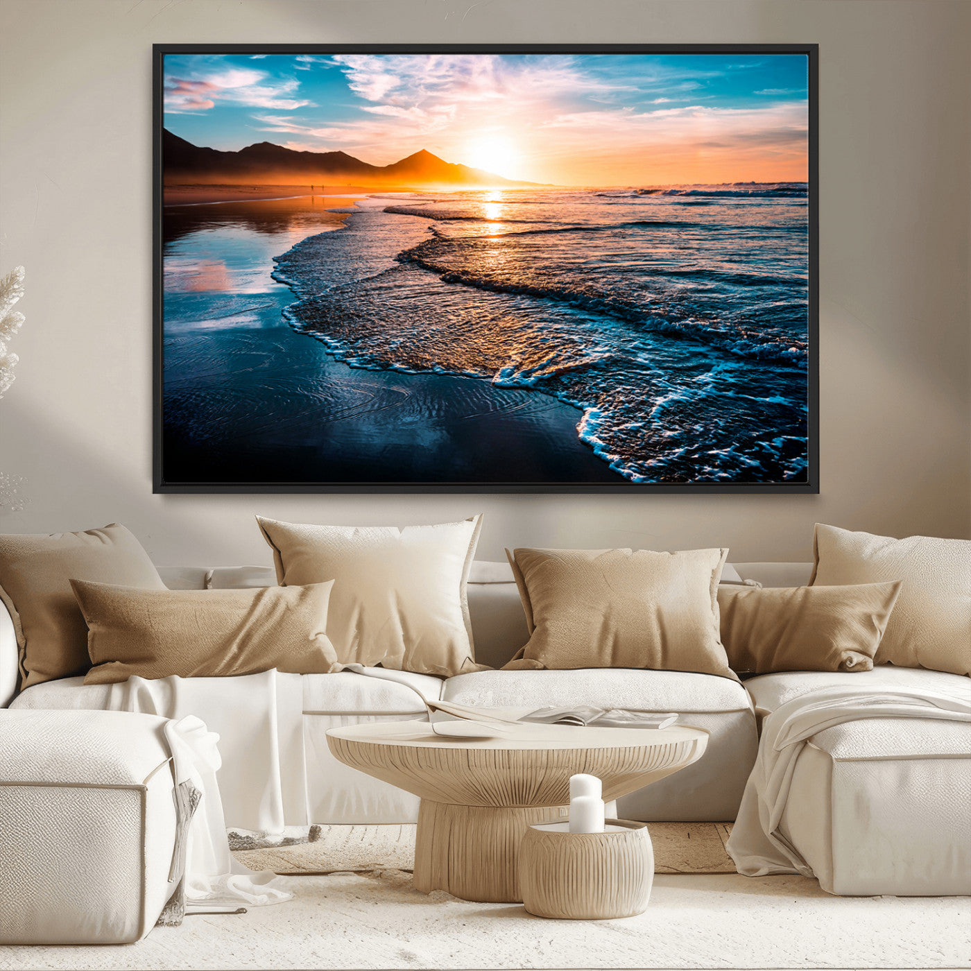26494-MGV-CV-36X24-Ocean Sunset Wall Art – Scenic Beach Canvas Print with Waves and Mountains, Coastal Seascape Photography for Living Room, Bedroom