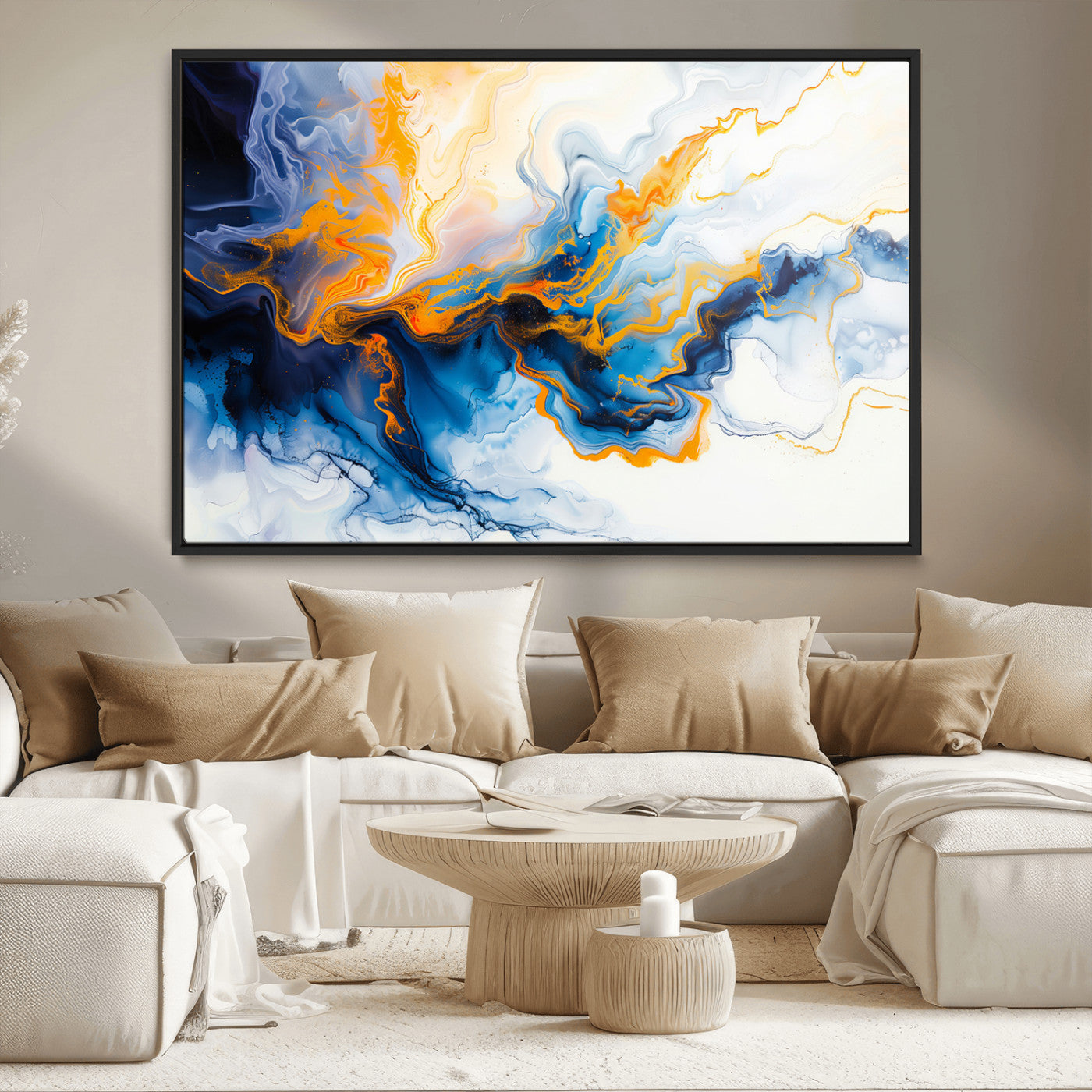 83720-MGV-CV-36X24-Abstract Fluid Wall Art – Blue, White and Gold Swirl Canvas Painting, Modern Contemporary Artwork for Living Room, Bedroom or