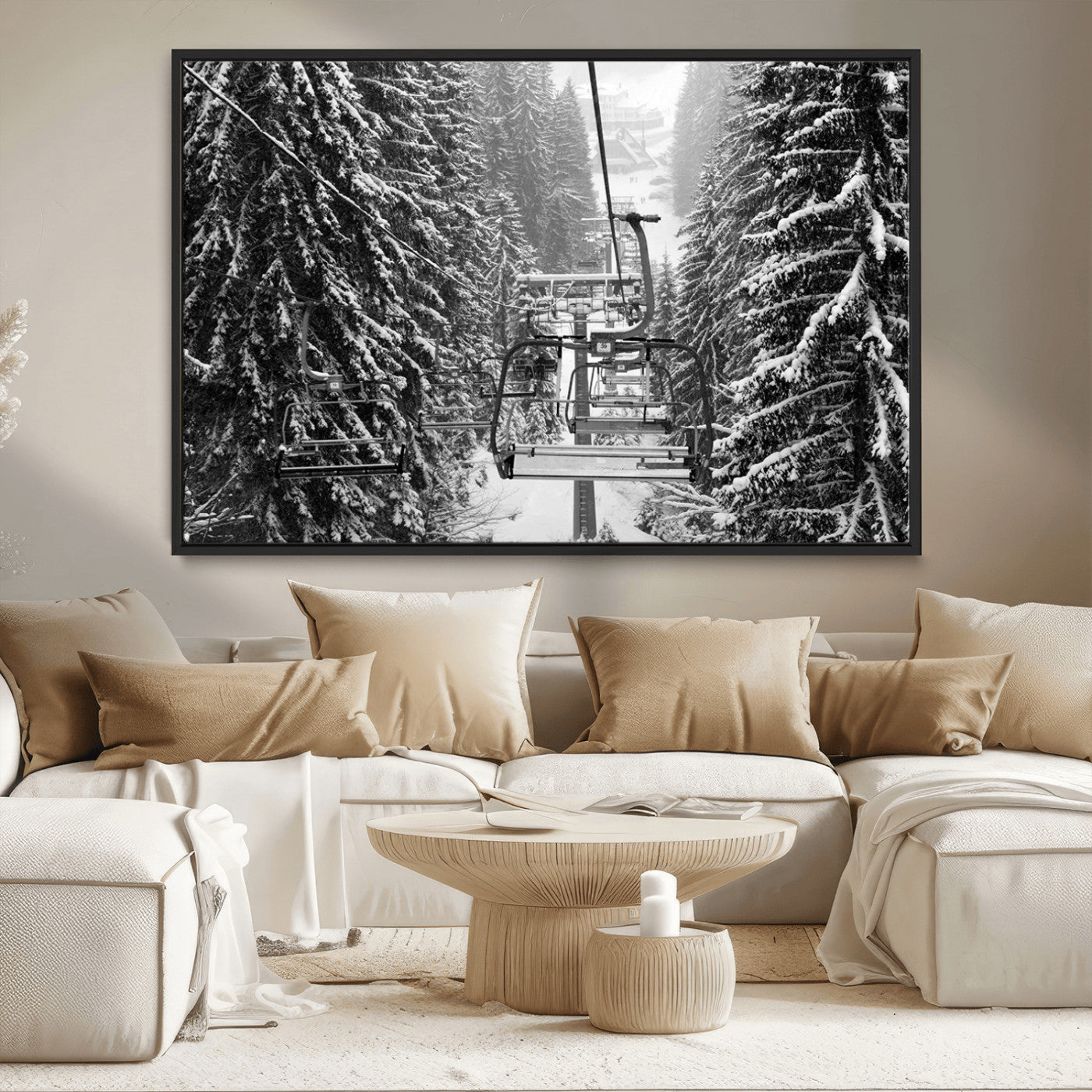 19240-MGV-CV-36X24-Ski Lift Wall Art – Black and White Winter Mountain Canvas Print, Snowy Forest Ski Resort Photography for Cabin, Lodge, Office or