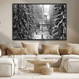 19240-MGV-CV-36X24-Ski Lift Wall Art – Black and White Winter Mountain Canvas Print, Snowy Forest Ski Resort Photography for Cabin, Lodge, Office or