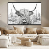 94579-MGV-CV-36X24-Highland Cow Wall Art – Black and White Longhorn Canvas Print, Rustic Western Farmhouse Animal Photography for Living Room,