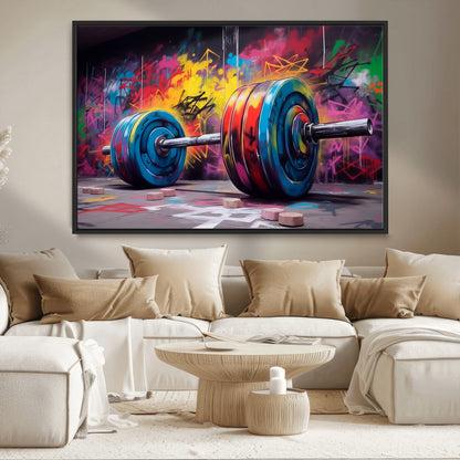 13549-MGV-CV-36X24-Graffiti Gym Wall Art Canvas Print, Framed Graffiti Barbell Art Picture Print, Weightlifting Perfect Fitness Studio Decor Artwork