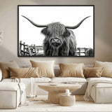 58188-MGV-CV-36X24-Highland Cow Wall Art – Black and White Rustic Farmhouse Canvas Print, Longhorn Cattle Photography Decor for Living Room or