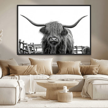 58188-MGV-CV-36X24-Highland Cow Wall Art – Black and White Rustic Farmhouse Canvas Print, Longhorn Cattle Photography Decor for Living Room or