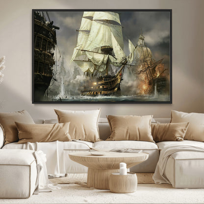 26512-MGV-CV-36X24-Naval Battle Wall Art – Dramatic Tall Ship Canvas Print, Historic Pirate Sailing War Scene, Nautical Decor for Office, Study or
