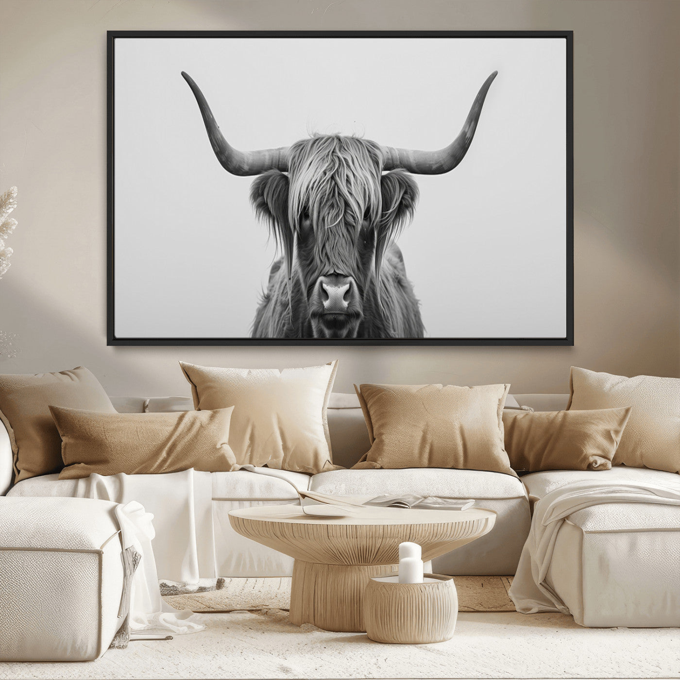 35820-MGV-CV-36X24-Minimalist Highland Cow Wall Art – Black and White Longhorn Cattle Canvas Print, Modern Farmhouse Animal Photography Decor for