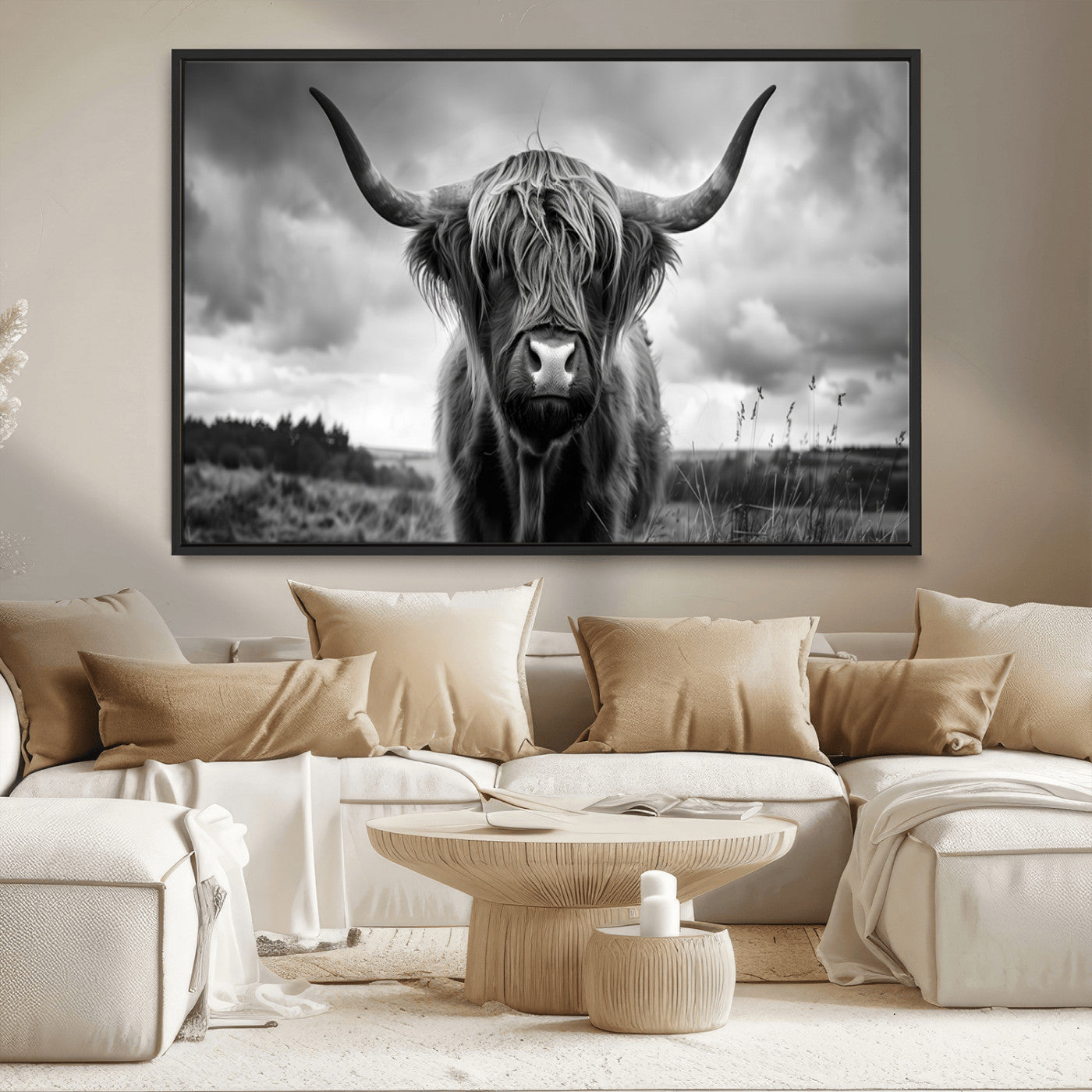 17924-MGV-CV-36X24-Highland Cow Wall Art – Black and White Rustic Longhorn Cattle Canvas Print, Farmhouse Animal Photography Decor for Country Home