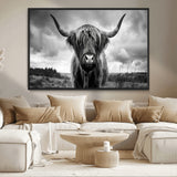 17924-MGV-CV-36X24-Highland Cow Wall Art – Black and White Rustic Longhorn Cattle Canvas Print, Farmhouse Animal Photography Decor for Country Home