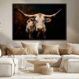 70522-MGV-CV-36X24-Longhorn Bull Wall Art – Striking Canvas Print of Majestic Bull, Premium Animal Decor for Home, Office, Man Cave, or Living Room