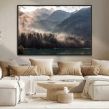 61116-MGV-CV-36X24-Misty Mountain Lake Wall Art – Tranquil Foggy Forest and Lake Canvas Print, Scenic Nature Landscape Decor for Living Room or