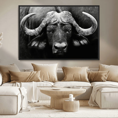 75273-MGV-CV-36X24-Buffalo Wall Art – Black and White African Buffalo Canvas Print, Rustic Wildlife Animal Artwork for Farmhouse, Living Room,