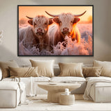 68253-MGV-CV-36X24-Highland Cow Wall Art – Rustic Farmhouse Cattle Canvas Print, Frosty Sunset Animal Artwork for Living Room, Bedroom or Country