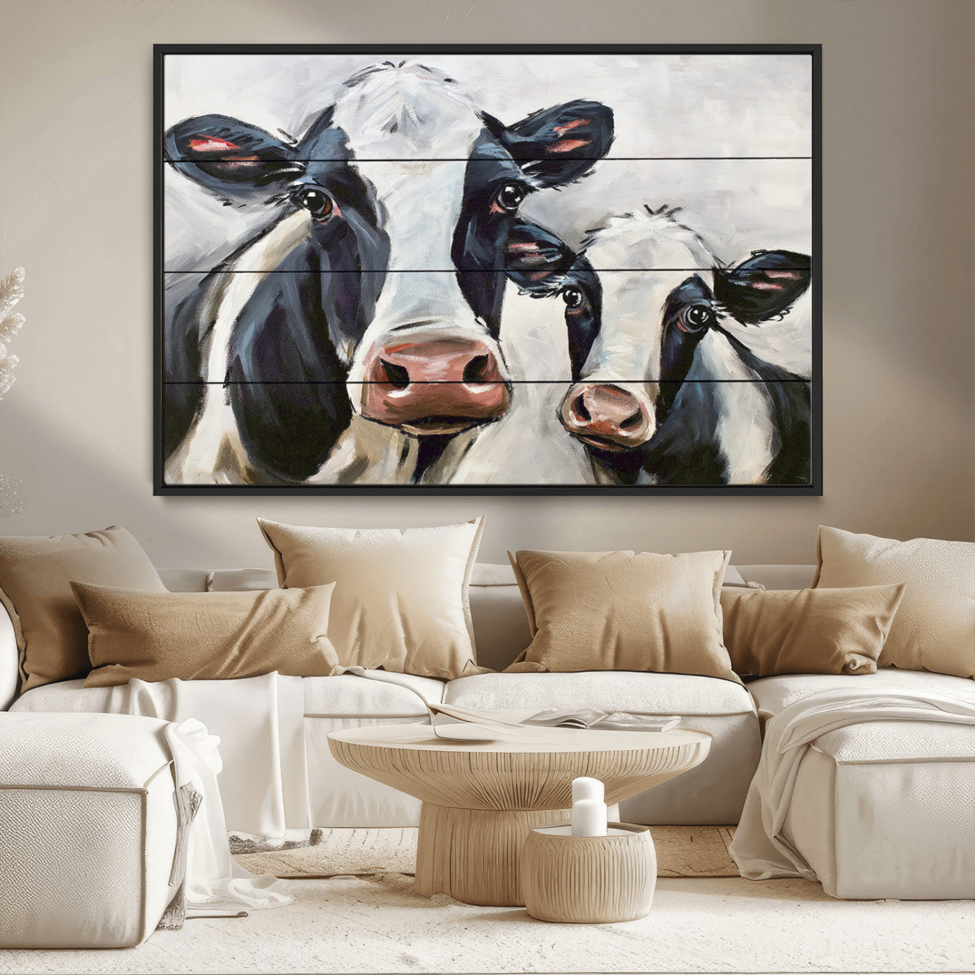 28934-MGV-CV-36X24-Farmhouse Cow Wall Art – Rustic Black and White Dairy Cattle Canvas Print, Country Barn Animal Painting for Kitchen, Living Room