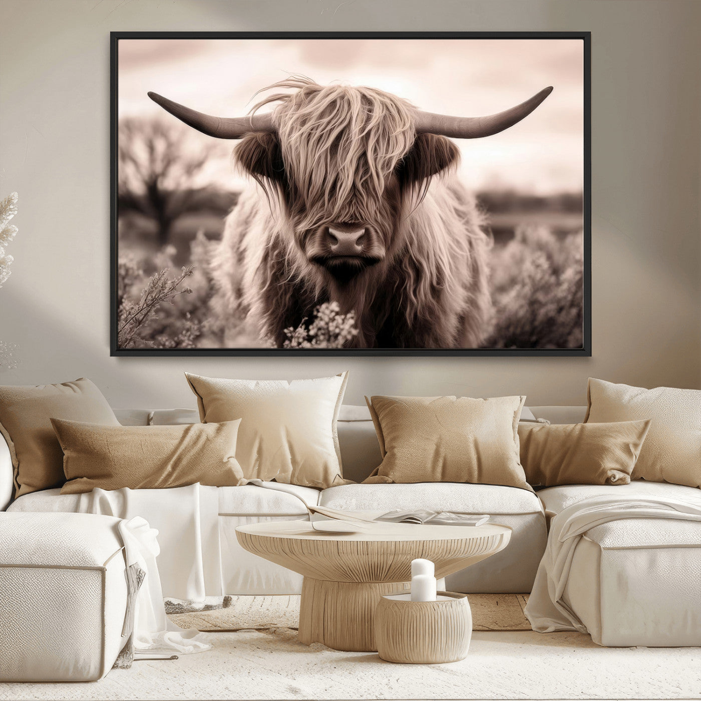 55903-MGV-CV-36X24-Highland Cow Wall Art – Rustic Sepia Scottish Highland Bull Canvas Print, Farmhouse Country Animal Decor for Living Room, Bedroom