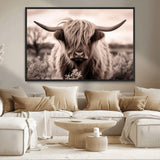 55903-MGV-CV-36X24-Highland Cow Wall Art – Rustic Sepia Scottish Highland Bull Canvas Print, Farmhouse Country Animal Decor for Living Room, Bedroom