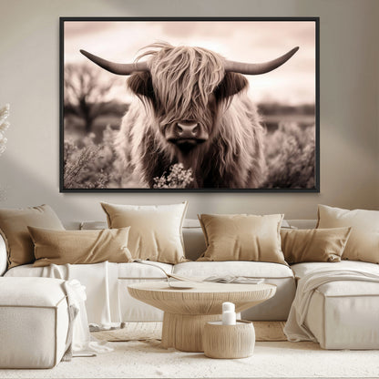 55903-MGV-CV-36X24-Highland Cow Wall Art – Rustic Sepia Scottish Highland Bull Canvas Print, Farmhouse Country Animal Decor for Living Room, Bedroom
