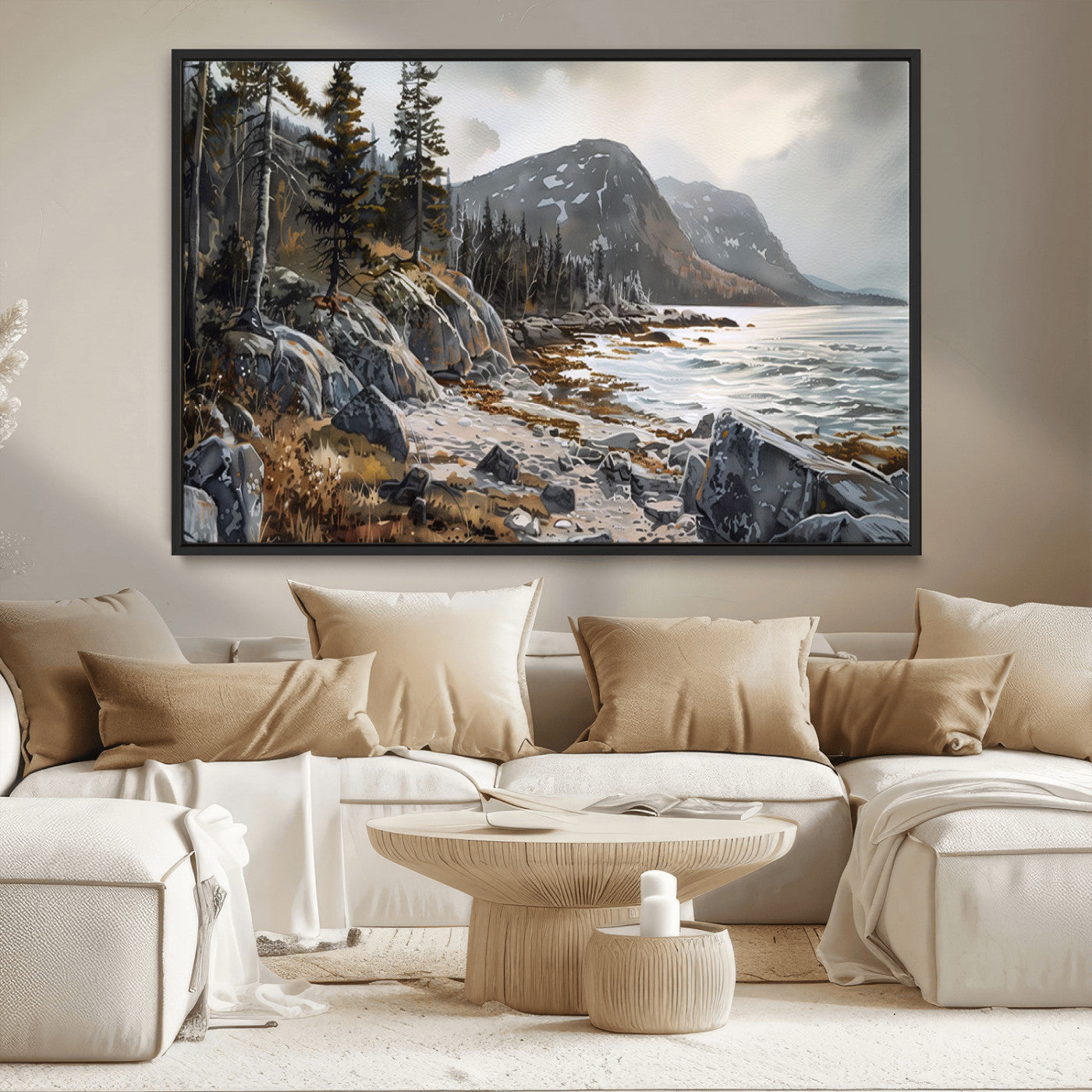 41281-MGV-CV-36X24-Rocky Shoreline Wall Art – Panoramic Mountain Coast and Forest Canvas Print, Rustic Nature Landscape Decor for Cabin, Lodge, or