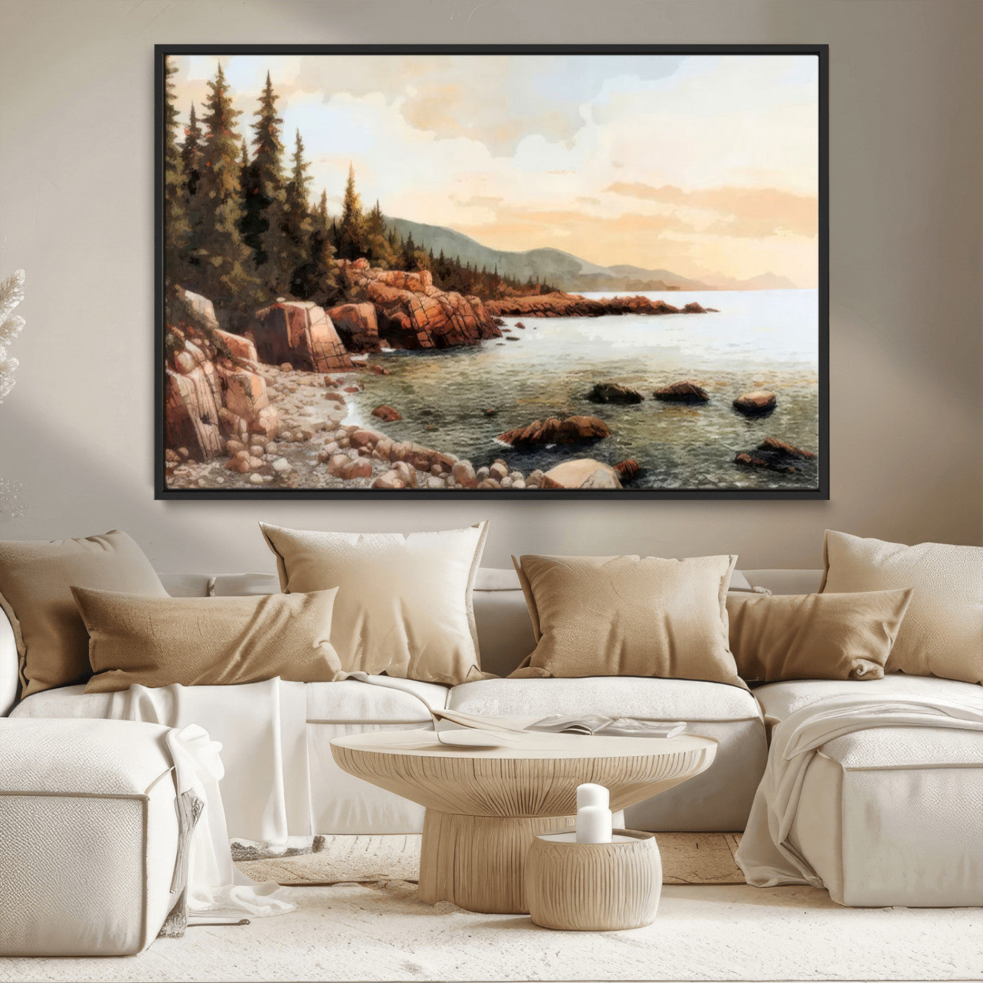 77145-MGV-CV-36X24-Coastal Landscape Wall Art – Panoramic Rocky Shoreline and Pine Trees Canvas Print, Rustic Nature Decor for Cabin, Lodge, Office,